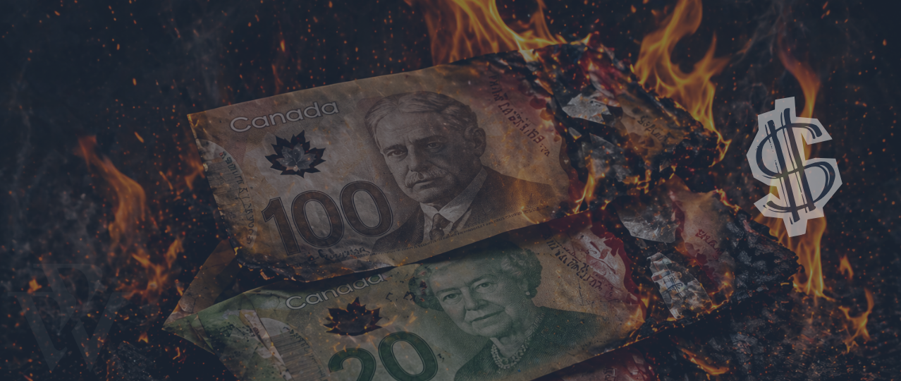 canadians dollars burning in fire and paper-craft money sign